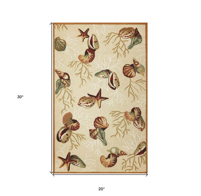 2' X 3' Beige Green And Brown Seashell and Coral Hand Tufted Area Rug