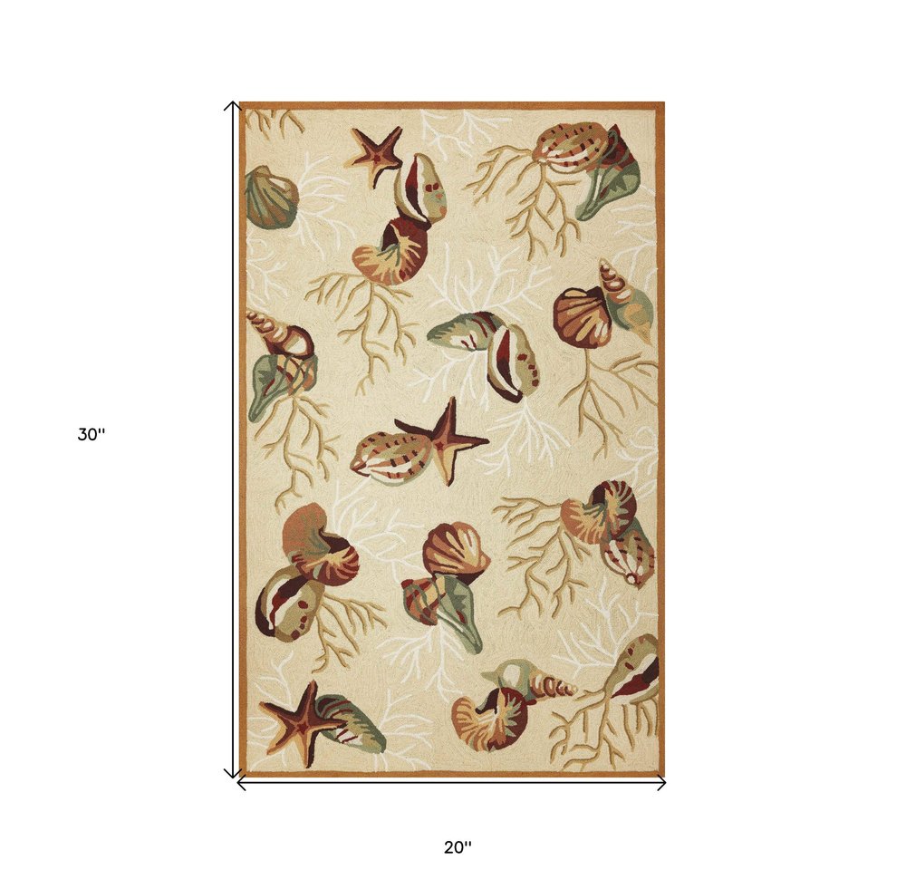 7' X 9' Beige Green And Brown Seashell and Coral Hand Tufted Area Rug