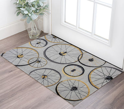 8' X 10' Gray Hand Hooked Wheels Area Rug