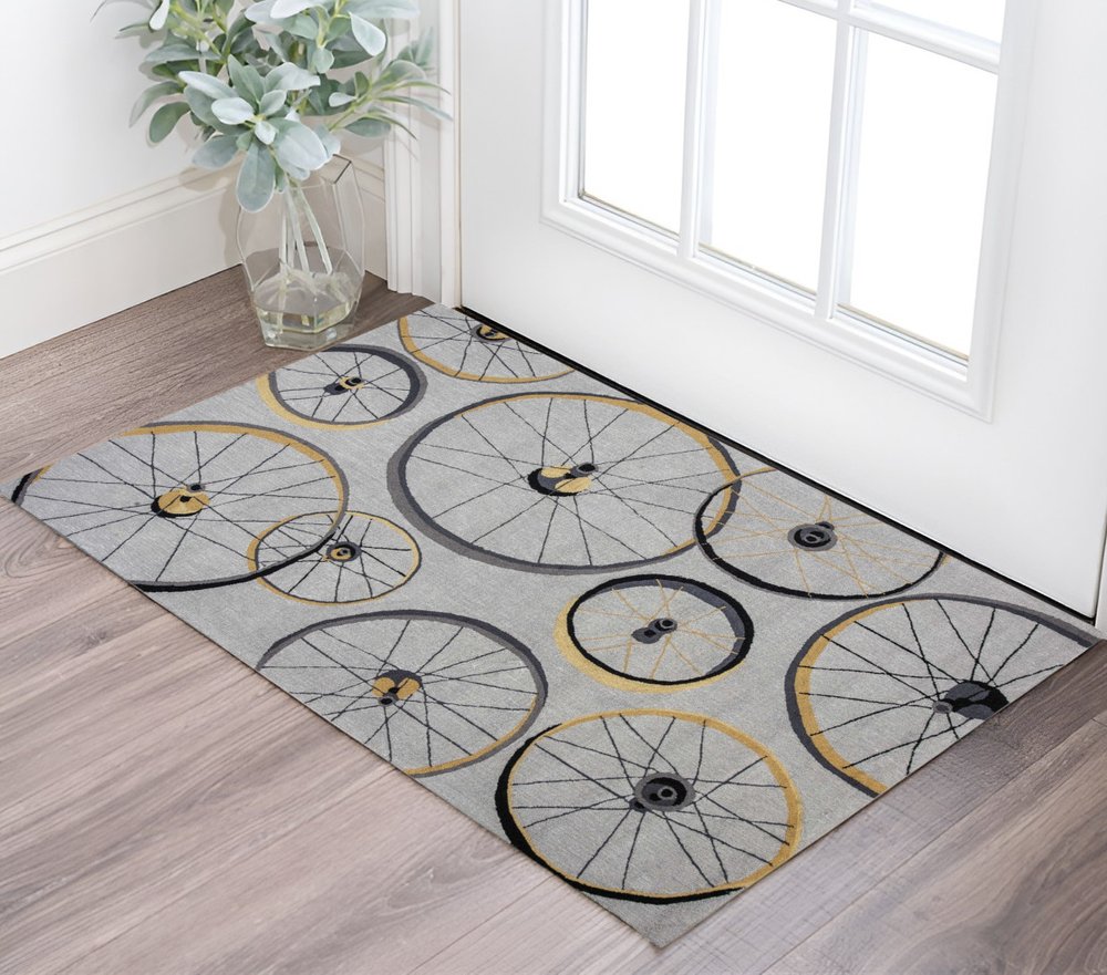 8' X 10' Gray Hand Hooked Wheels Area Rug