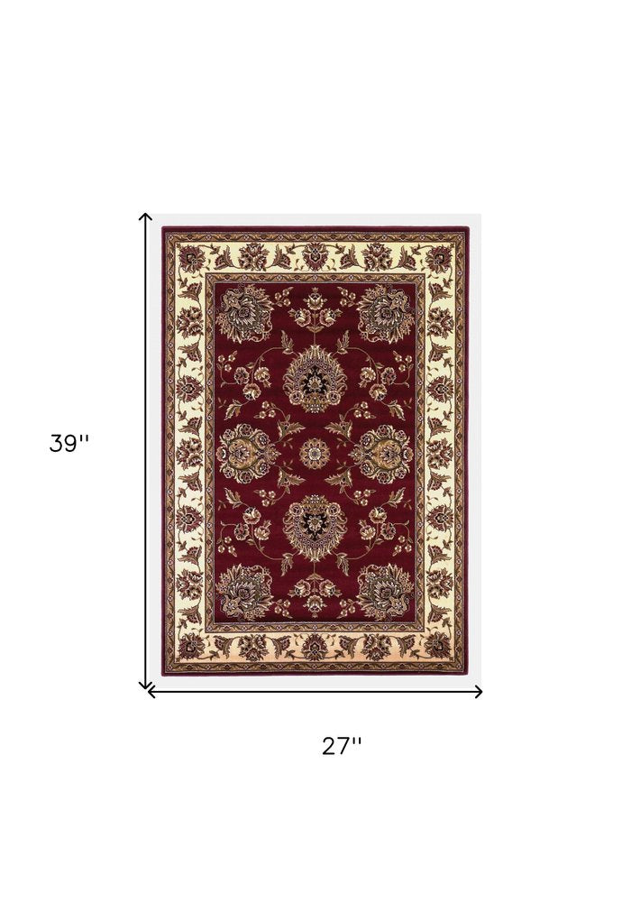 7' Red And Ivory Floral Medallion Octagon Rug