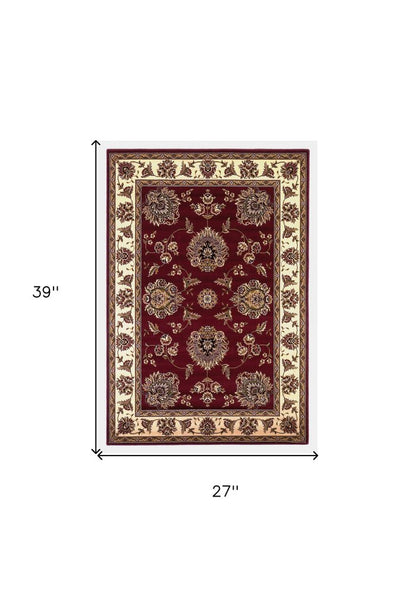 7' Red And Ivory Floral Medallion Octagon Rug