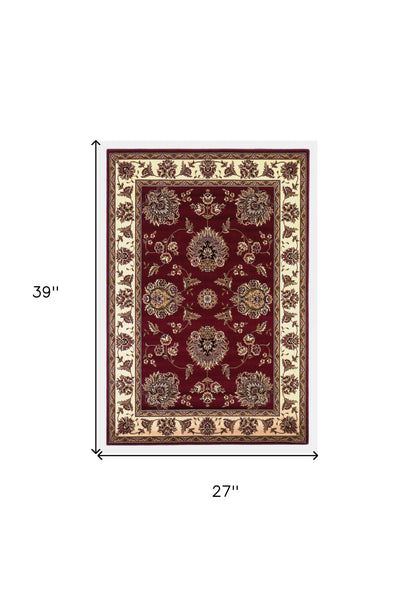 7' Red And Ivory Floral Medallion Octagon Rug