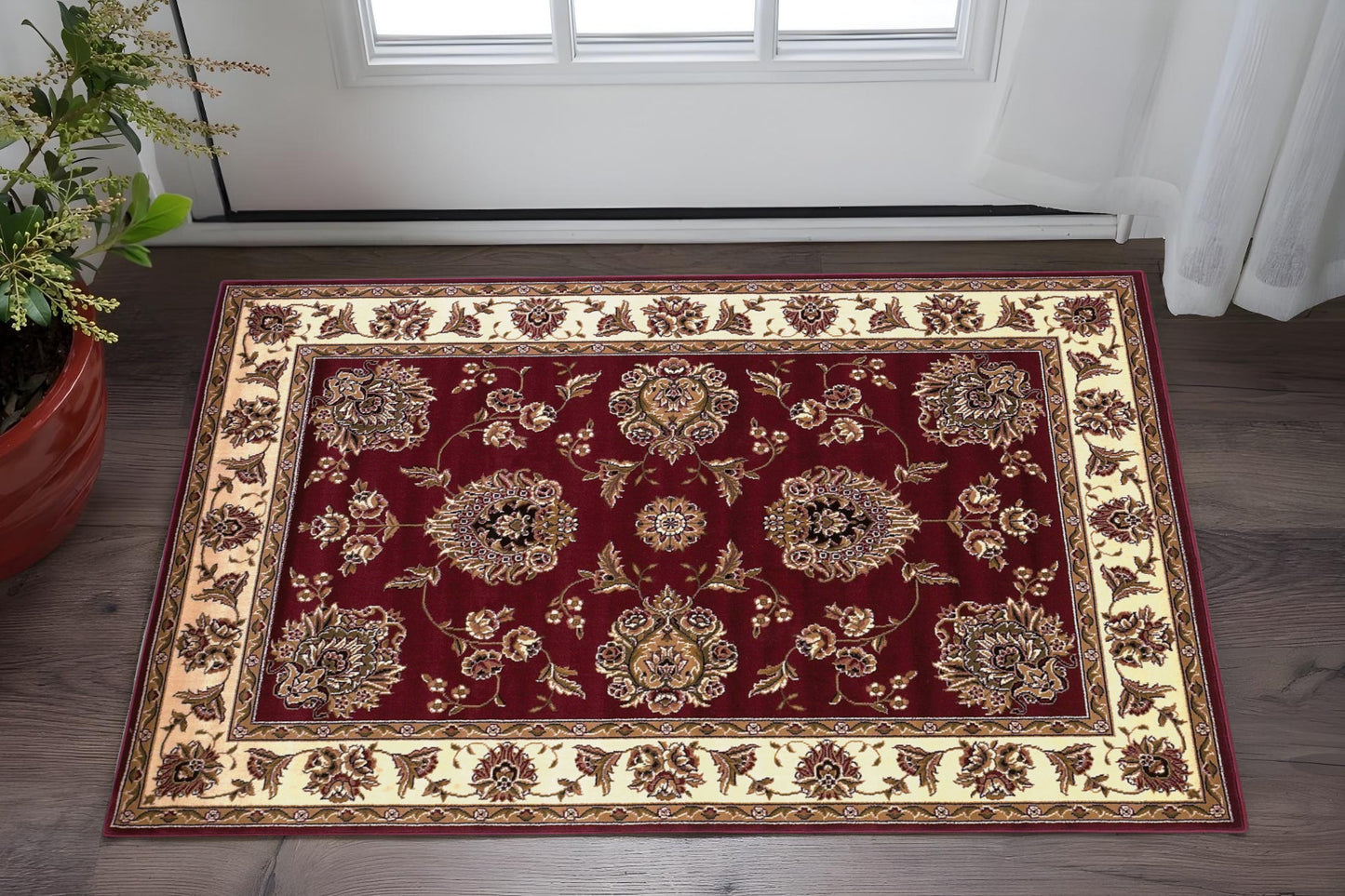 7' Red And Ivory Floral Medallion Octagon Rug