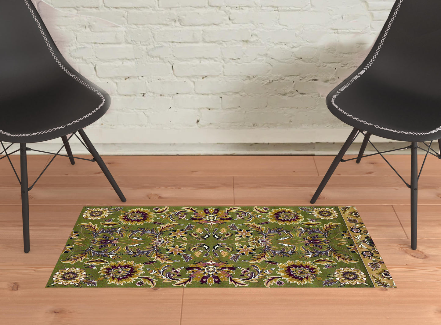 2' X 3' Green Taupe Machine Woven Floral Traditional Indoor Accent Rug