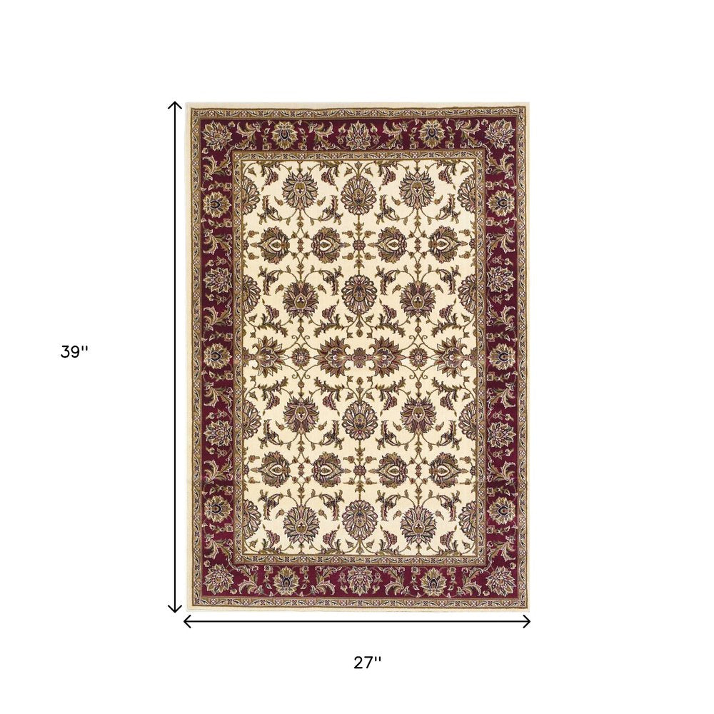 2' X 3' Red Ivory And Brown Floral Medallion Area Rug