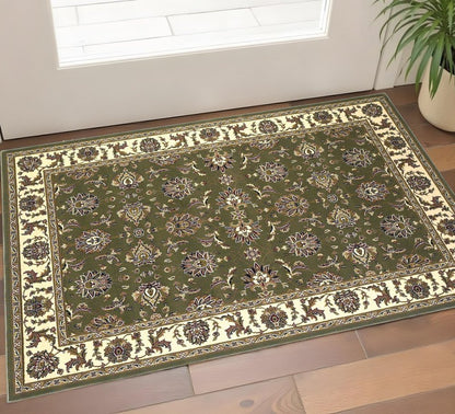 7' Green And Ivory Floral Octagon Rug
