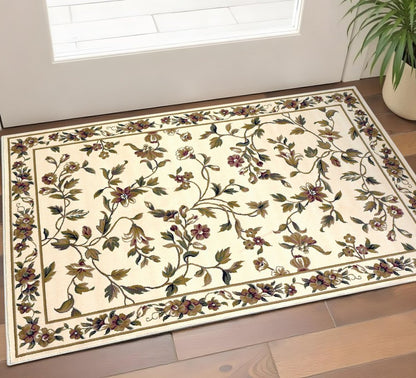 10' X 13' Ivory Green And Red Floral Vines Area Rug