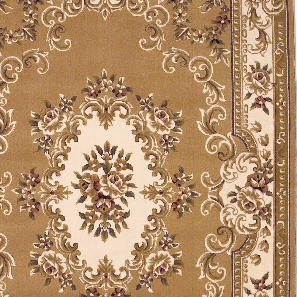 8' X 11' Beige Ivory Machine Woven Hand Carved Floral Medallion Indoor Area Rug