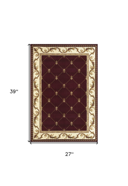 2' X 3' Red Machine Woven Hand Carved Fleur De Lis Indoor Accent Rug