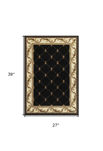 5' X 8' Black and Tan Fleur de Lis Diamond Border Area Rug