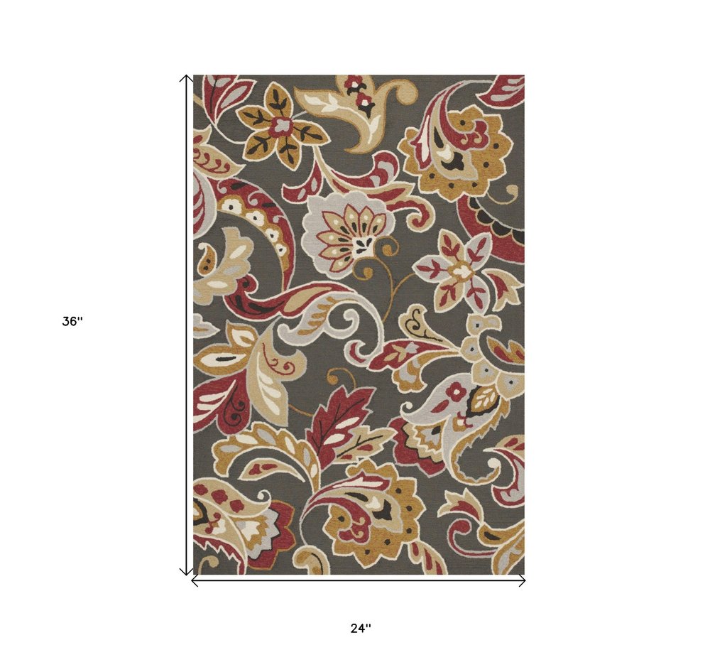 2' X 3' Taupe Red And Gray Floral Hand Tufted Area Rug