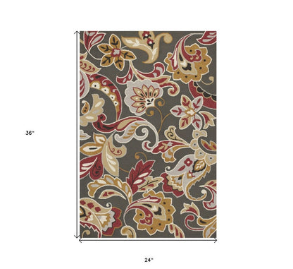 2' X 3' Taupe Red And Gray Floral Hand Tufted Area Rug
