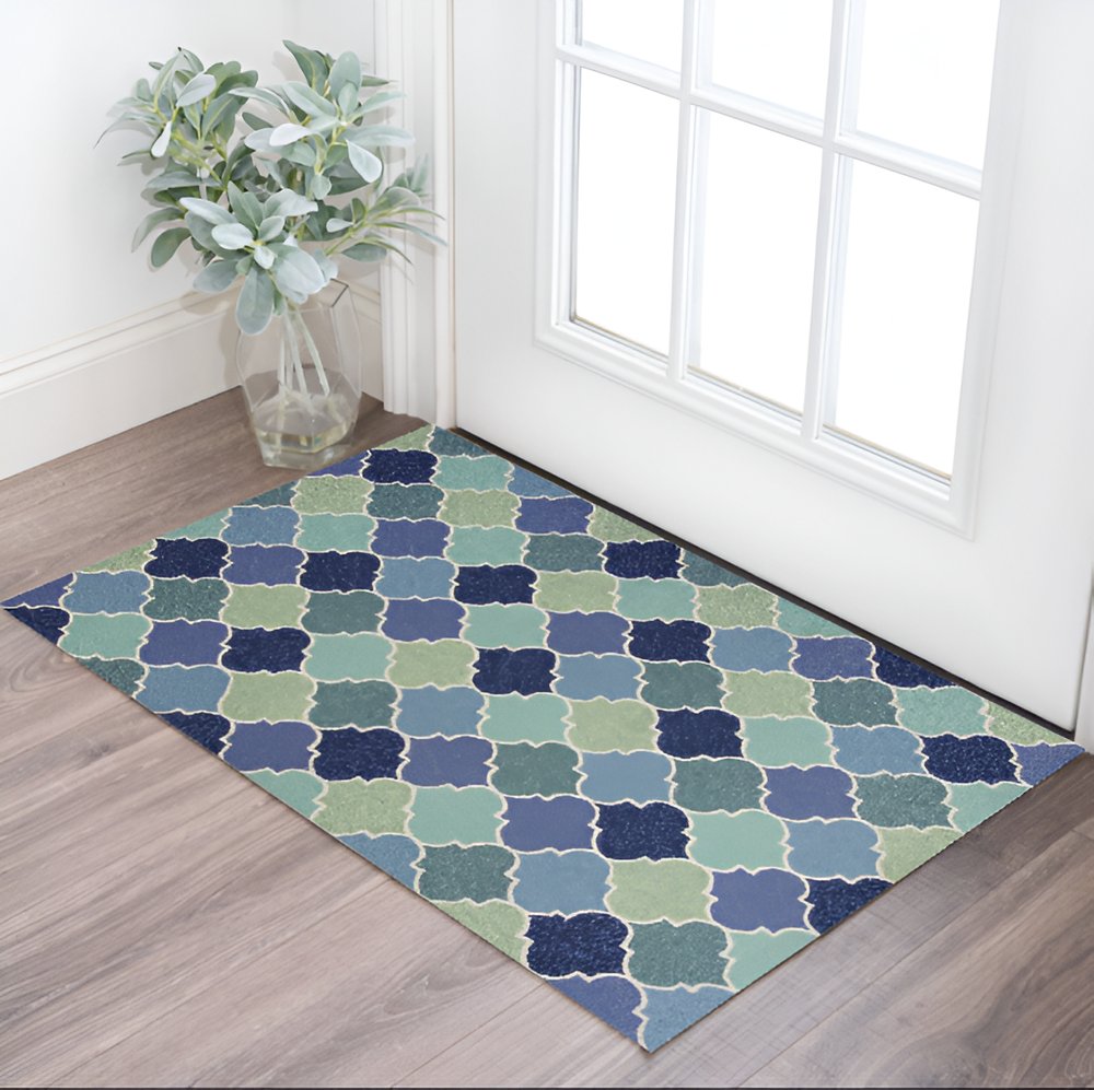 7' X 9' Blue Purple And Aqua Quatrefoil Hand Tufted Area Rug