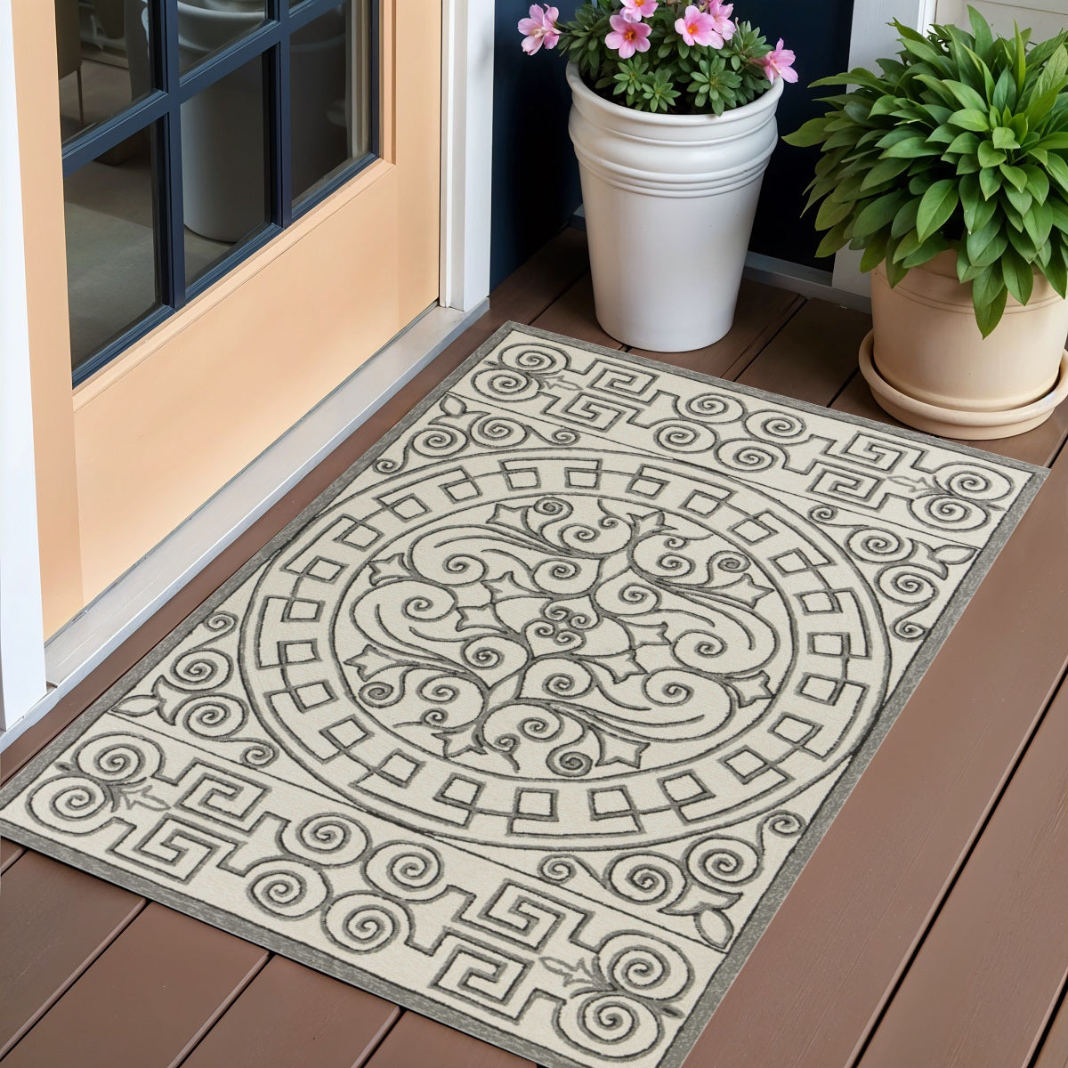 5' X 8' Gray And Ivory Damask Indoor Outdoor Area Rug
