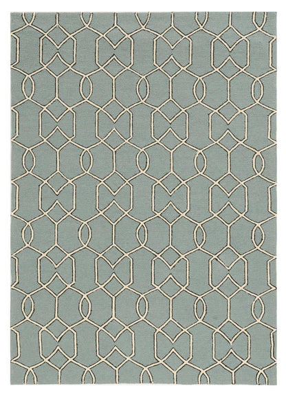 5' X 7' Green and Ivory Geometric Hand Hooked Area Rug