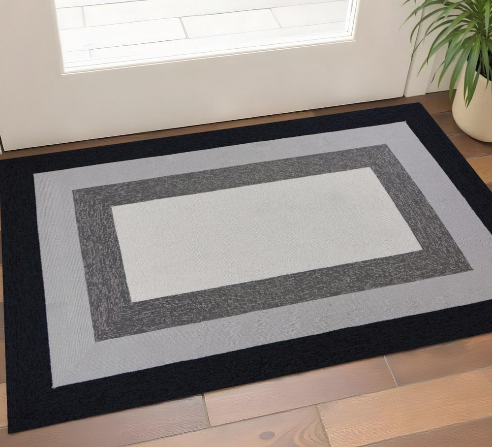 2' X 3' Black And Gray Geometric Hand Hooked Area Rug