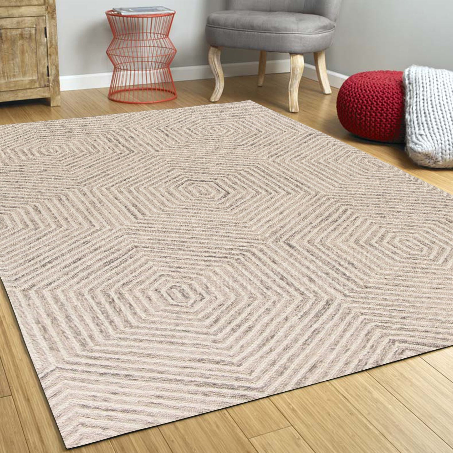 5' X 7' Ivory Geometric Hexagon Wool Indoor Area Rug