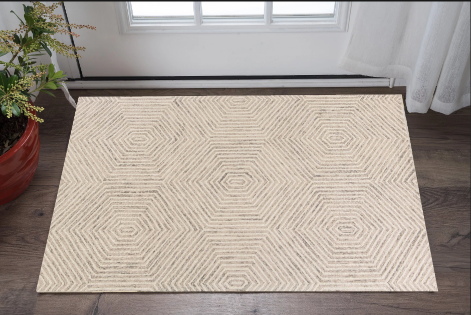 5' X 7' Ivory Geometric Hexagon Wool Indoor Area Rug