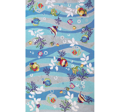 8' X 10' Blue Hand Hooked Marine Life Indoor Area Rug