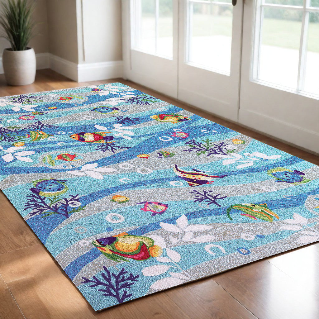 8' X 10' Blue Hand Hooked Marine Life Indoor Area Rug