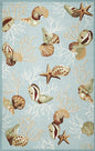 5' X 7' Blue Beige And Green Seashell and Coral Hand Hooked Area Rug