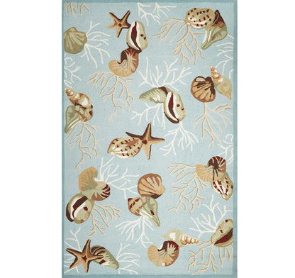 5' X 7' Blue Beige And Green Seashell and Coral Hand Hooked Area Rug