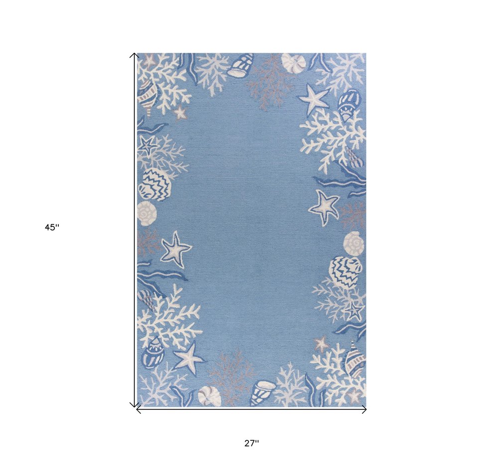 5' X 8' Blue Gray And White Fish and Coral Hand Tufted Area Rug