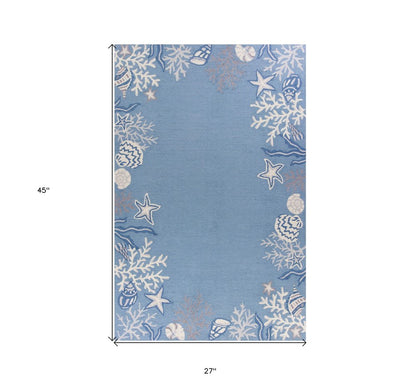 5' X 8' Blue Gray And White Fish and Coral Hand Tufted Area Rug