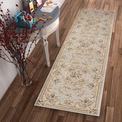 9' X 12' Light Gray Green And Tan Floral Medallion Area Rug