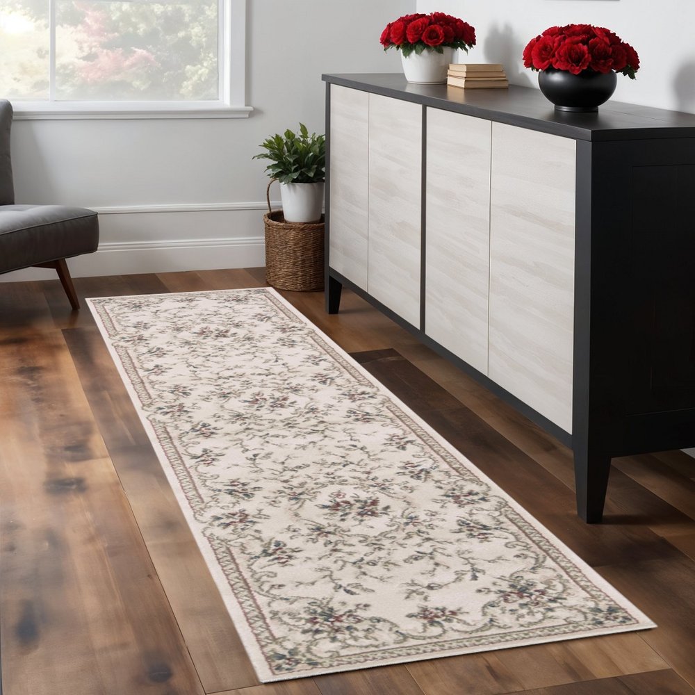 8' X 10' Ivory Red And Green Floral Medallion Area Rug