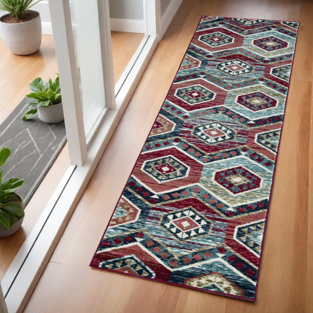 3' X 5' Red And Blue Geometric Area Rug