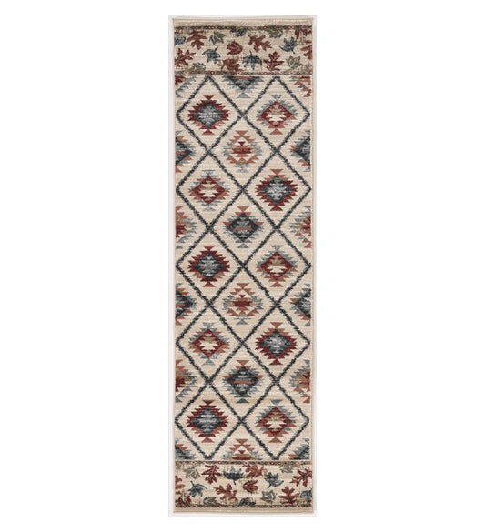 8' Ivory Red And Gray Southwestern Runner Rug