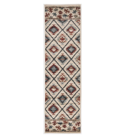 8' Ivory Red And Gray Southwestern Runner Rug
