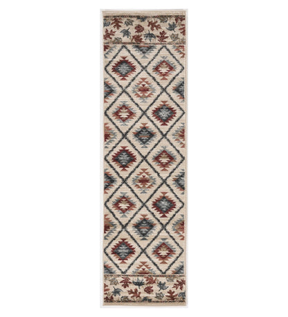 8' Ivory Red And Gray Southwestern Runner Rug