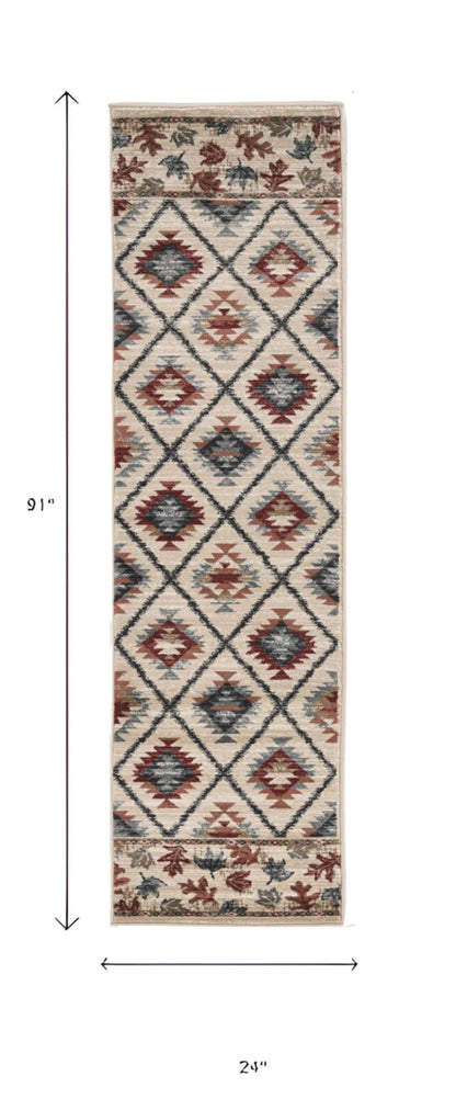 8' Ivory Red And Gray Southwestern Runner Rug