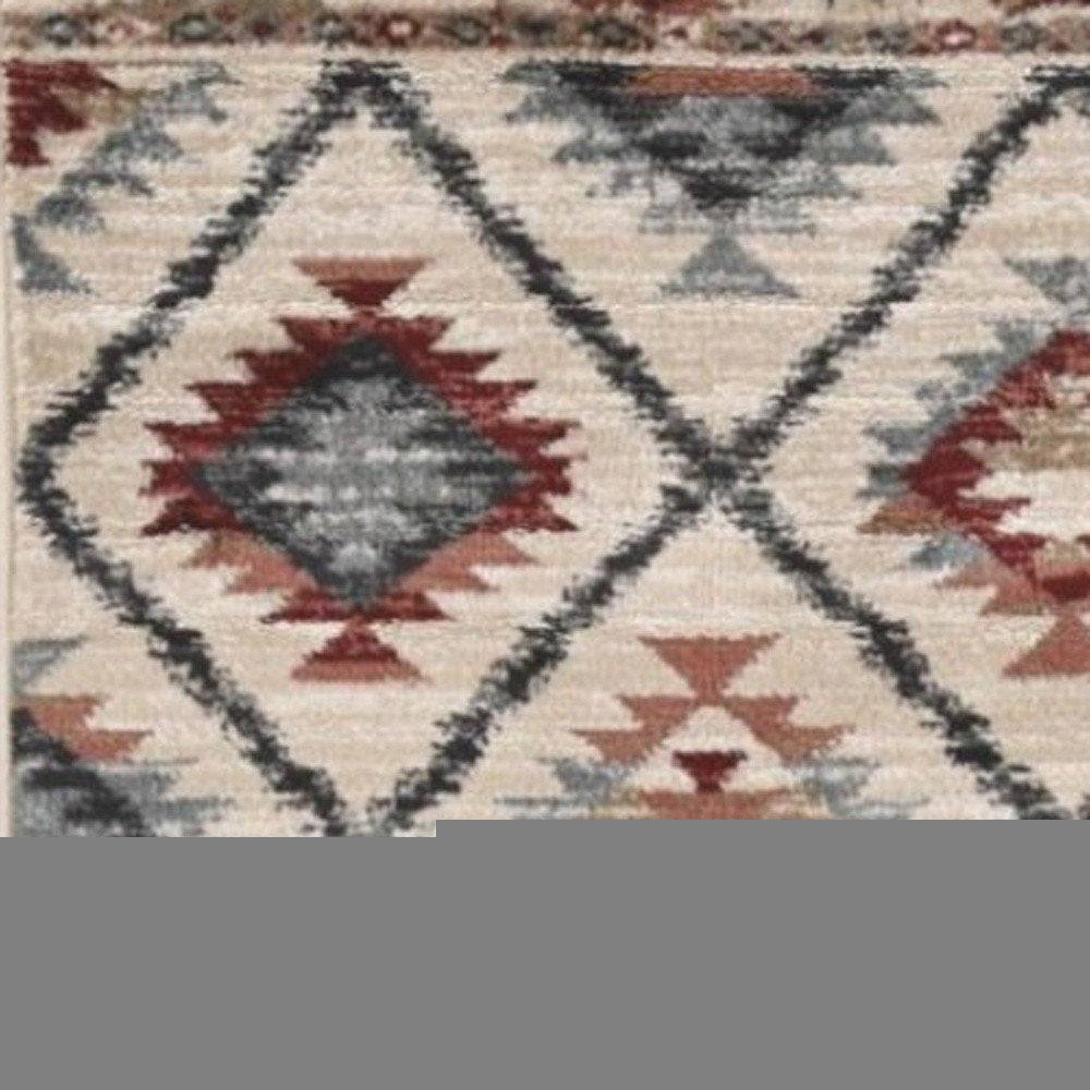 8' Ivory Red And Gray Southwestern Runner Rug