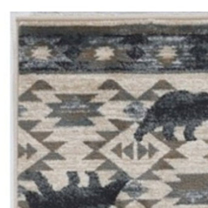 5' X 8' Ivory And Blue Woodland Lodge Area Rug