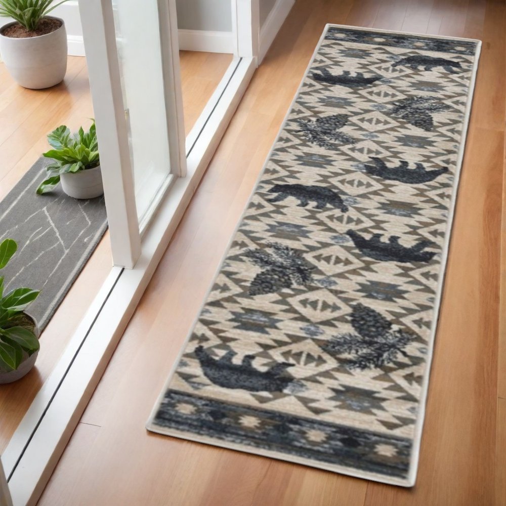 5' X 8' Ivory And Blue Woodland Lodge Area Rug
