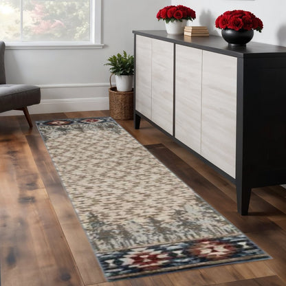 5' X 8' Ivory Green And Red Southwestern Area Rug
