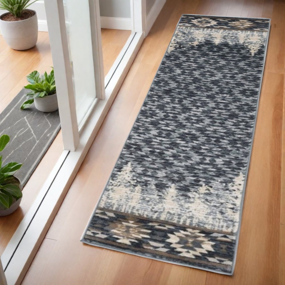 9' X 12' Slate Blue Charcoal And Beige Woodland Lodge Area Rug