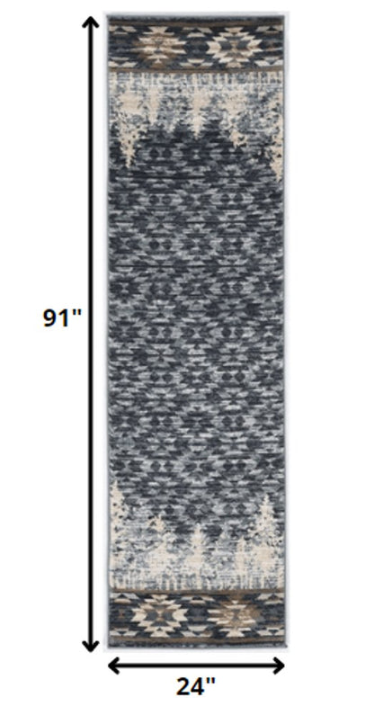 5' X 8' Slate Blue And Ivory Southwestern Area Rug