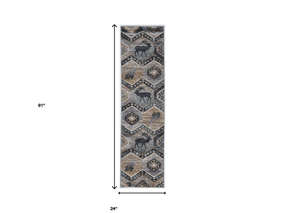 8' Charcoal Gray And Tan Woodland Lodge Runner Rug