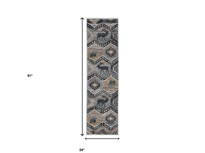 8' Charcoal Gray And Tan Woodland Lodge Runner Rug