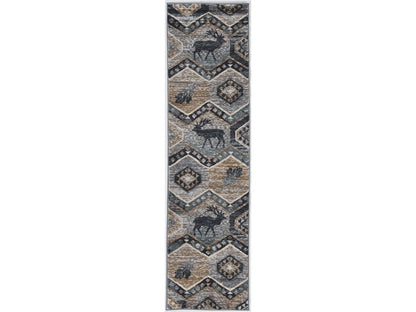 8' Charcoal Gray And Tan Woodland Lodge Runner Rug