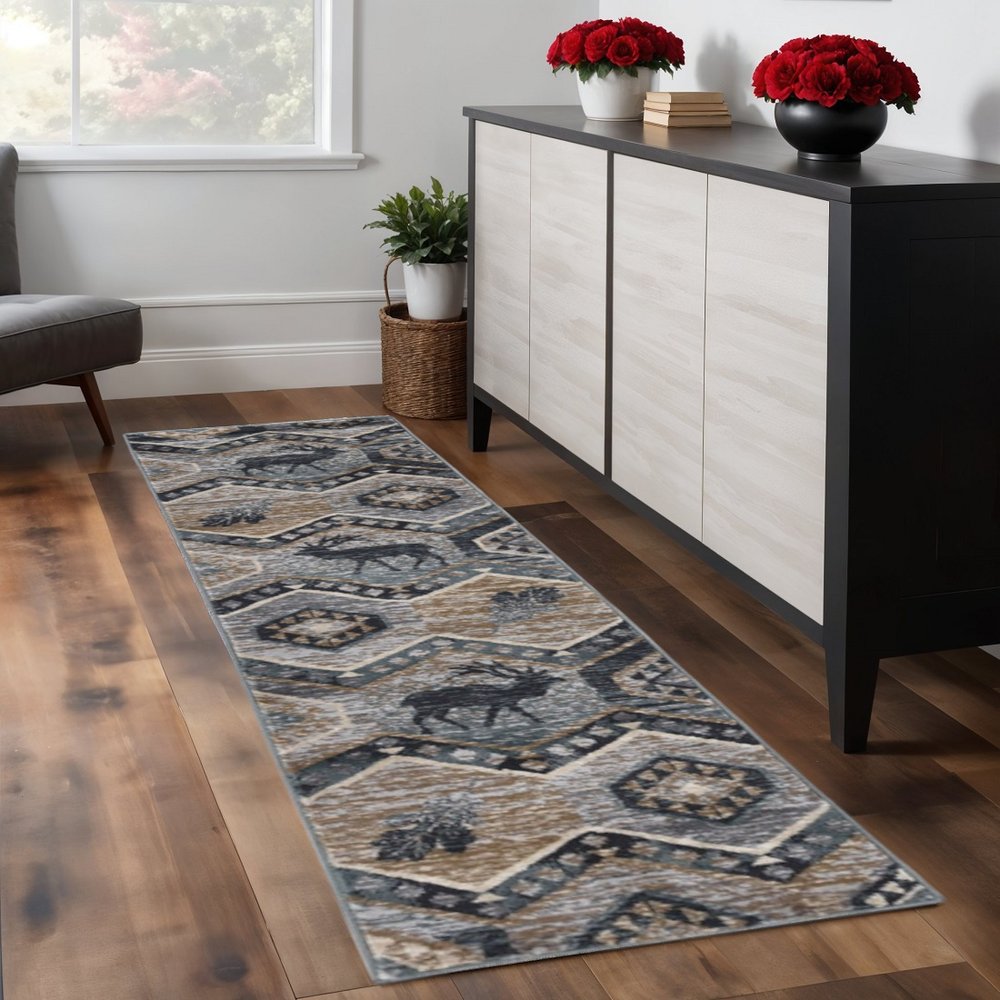 8' Charcoal Gray And Tan Woodland Lodge Runner Rug