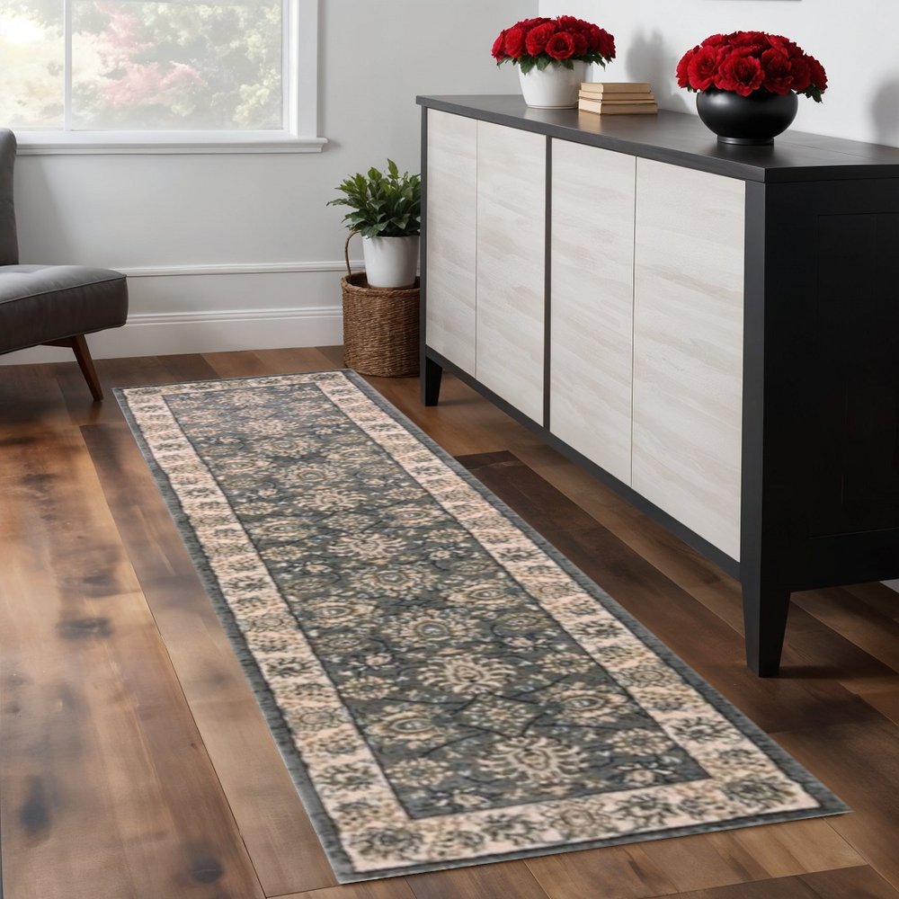 8' Gray And Ivory Floral Medallion Runner Rug