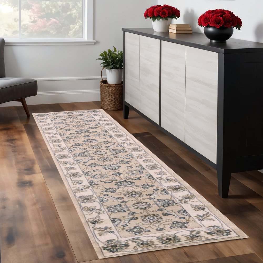 8' Beige And Ivory Floral Medallion Runner Rug
