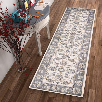 8' Gray And Ivory Floral Medallion Runner Rug