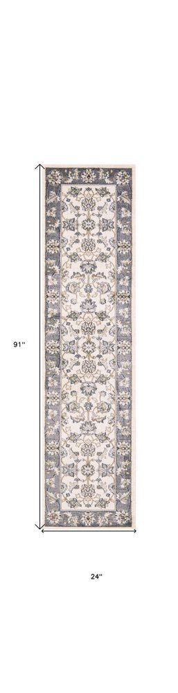 8' Gray And Ivory Floral Medallion Runner Rug